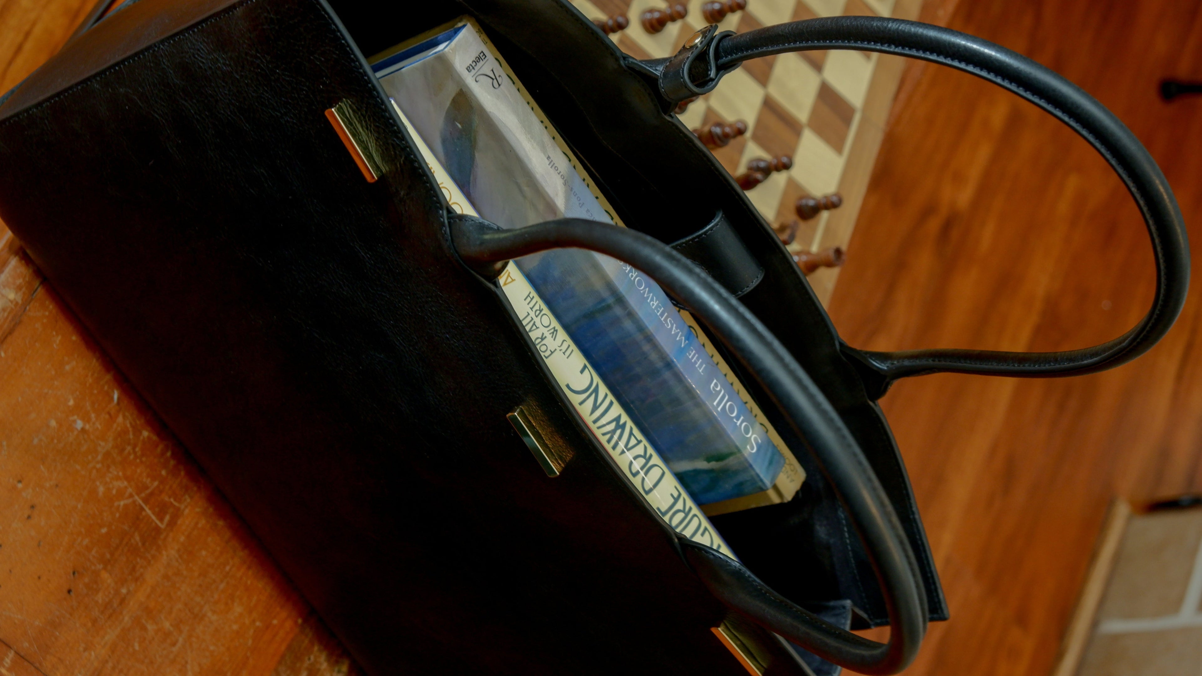 Leather Carry All Tote Bag Black with Gold hardware