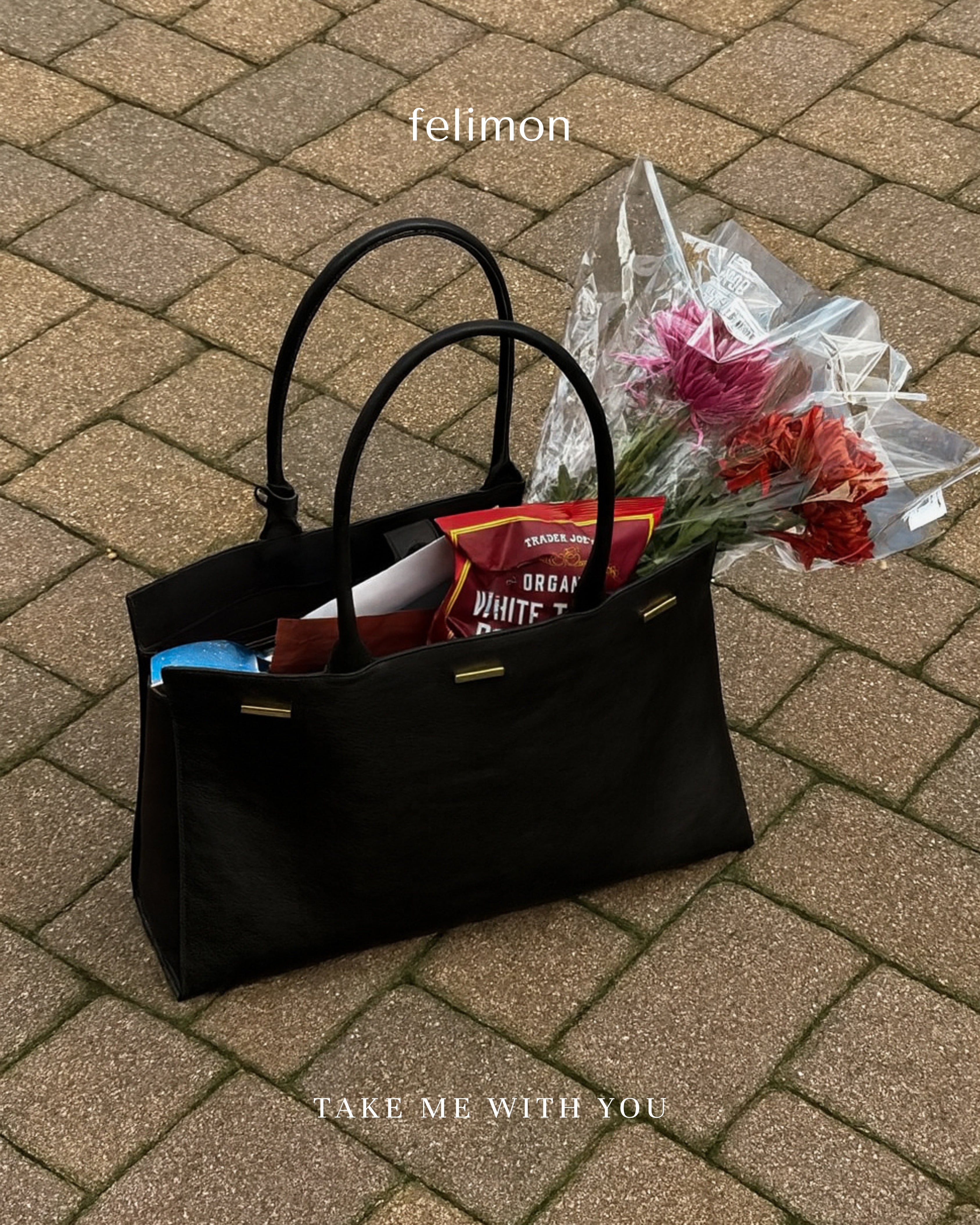 Black cowhide leather everyday tote bag with gold hardware — the Take Me With You carryall by Felimon, designed for everyday use and timeless style.