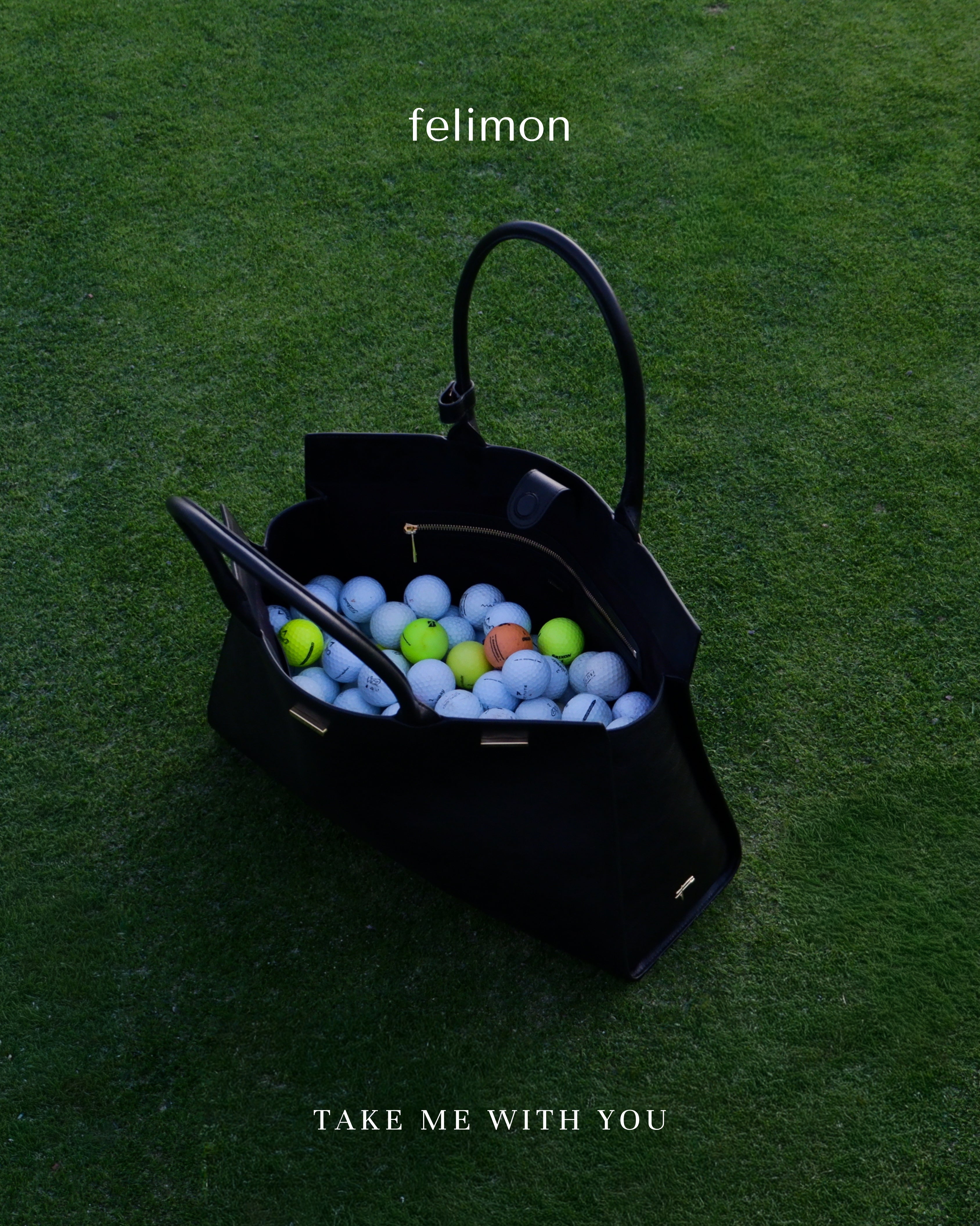 Black cowhide leather tote golf bag with gold hardware — the Take Me With You carryall by Felimon, designed for everyday use and timeless style.